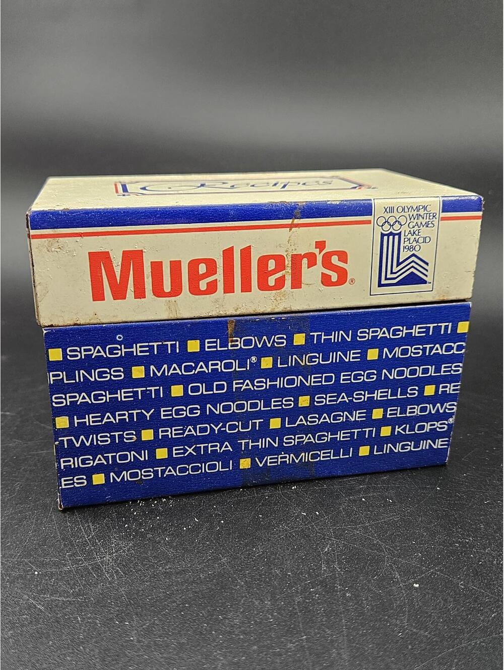 Vintage Mueller's Pasta Recipe Box 1980 Lake Placid Winter Olympics Promo Tin